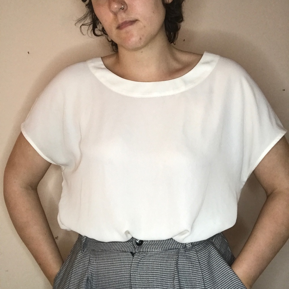 Capped sleeve, white sheer blouse, L